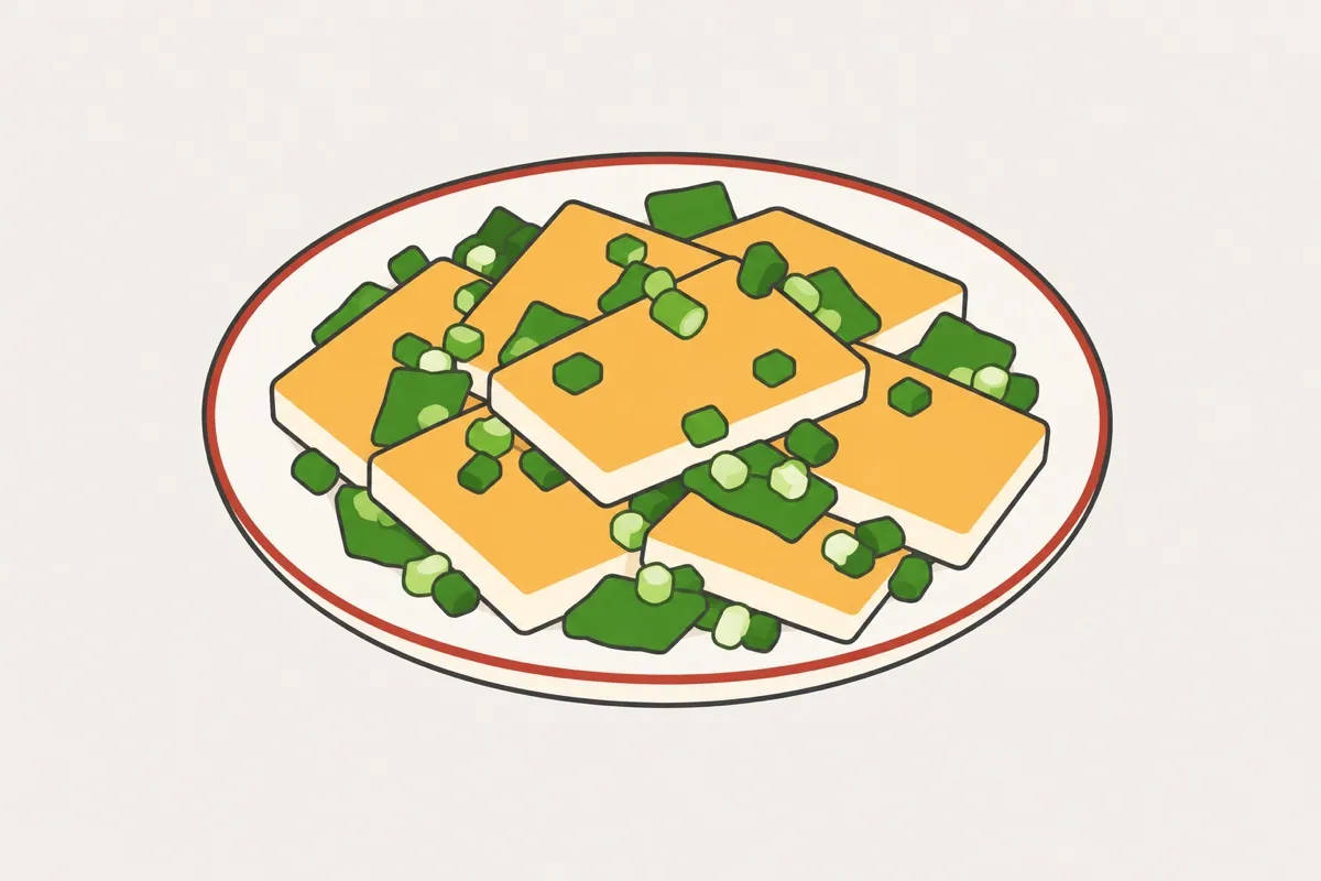 葱煎豆腐装盘后的插画