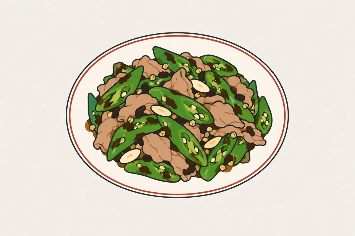 辣椒炒肉装盘后的插画