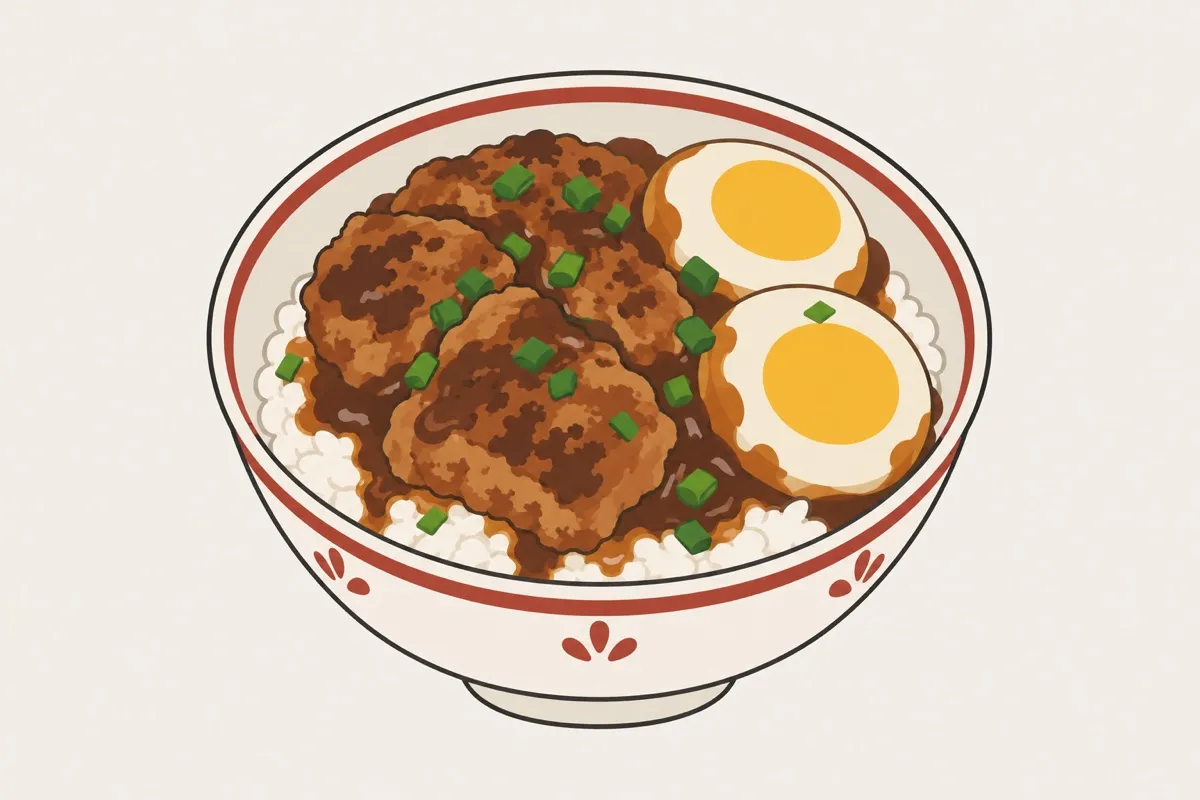 肉蛋盖饭装盘后的插画