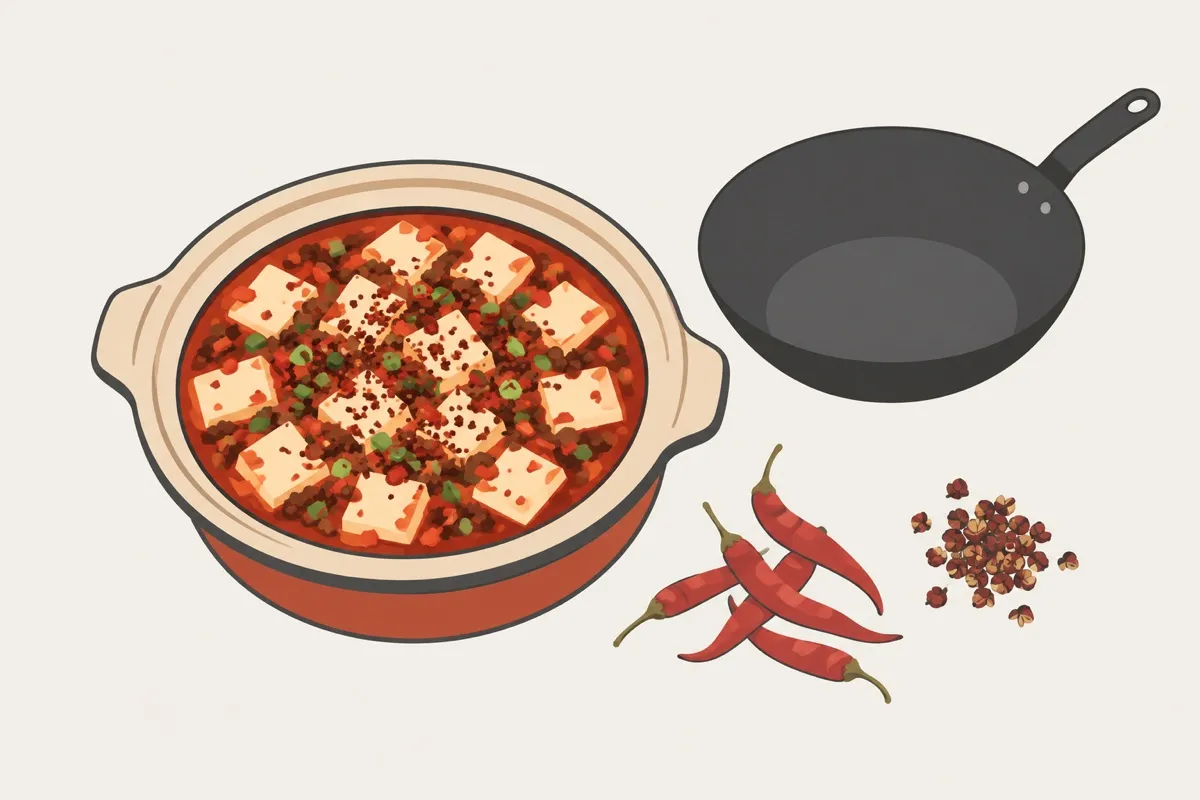 一砂锅麻婆豆腐、干辣椒、花椒和铁锅
